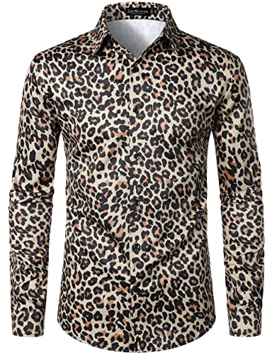 LucMatton Herren Hipster Langarm Button Down Leopard Print Shirts für Club Rock Party, Khaki Leopard, L von LucMatton