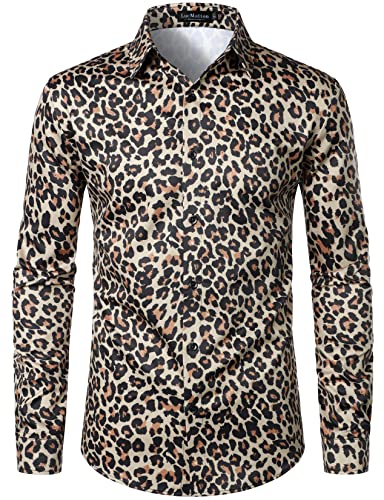 LucMatton Herren Hipster Langarm Button Down Leopard Print Shirts für Club Rock Party, Khaki Leopard, XXL von LucMatton