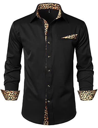 LucMatton Herren Hipster Langarm Button Down Leopard Print Shirts für Club Rock Party, Schwarz , L von LucMatton