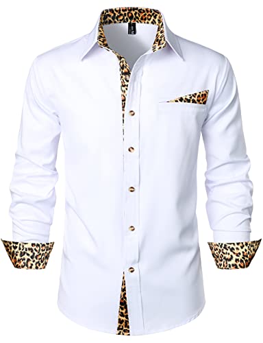 LucMatton Herren Hipster Langarm Button Down Leopard Print Shirts für Club Rock Party, Weiß, Klein von LucMatton