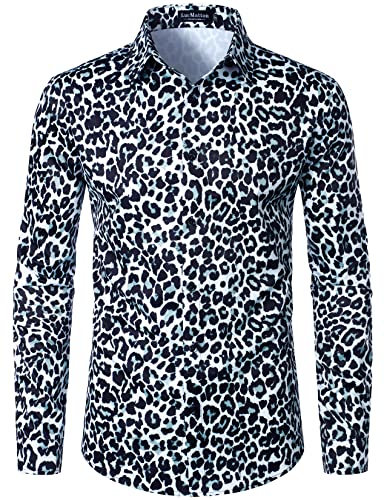 LucMatton Herren Hipster Langarm Button Down Leopard Print Shirts für Club Rock Party, Weiß / Leopardenmuster, L von LucMatton