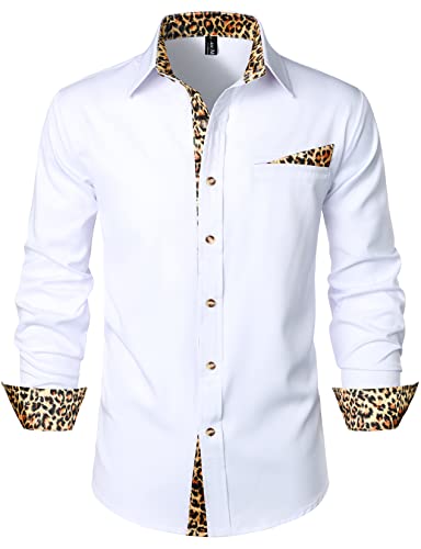 LucMatton Herren Hipster Langarm Button Down Leopard Print Shirts für Club Rock Party, weiß, M von LucMatton