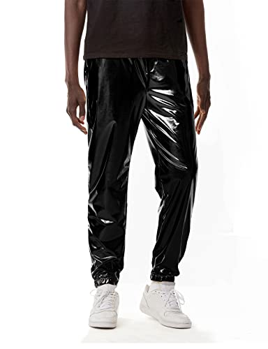 LucMatton Herren-Jogginghose, metallisch, glänzend, Disco-Party, elastische Hose, Schwarz , 34-37 von LucMatton