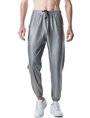 LucMatton Herren-Jogginghose, metallisch, glänzend, Disco-Party, elastische Hose, Silbera, 56 von LucMatton