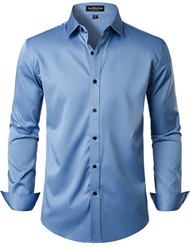 LucMatton Herren Kleid Hemd Formal Stretch Faltenfrei Langarm Slim Fit Button Down Shirts für Hochzeit Party, Blau (Ink Blue), Klein von LucMatton