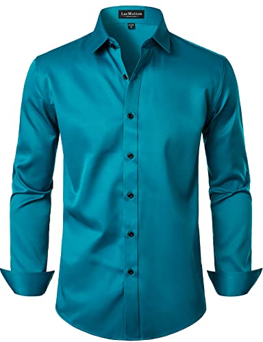 LucMatton Herren Kleid Hemd Formal Stretch Faltenfrei Langarm Slim Fit Button Down Shirts für Hochzeit Party, Blaugrün/Ein Hauch von Paradies (Trace of Paradise), L von LucMatton