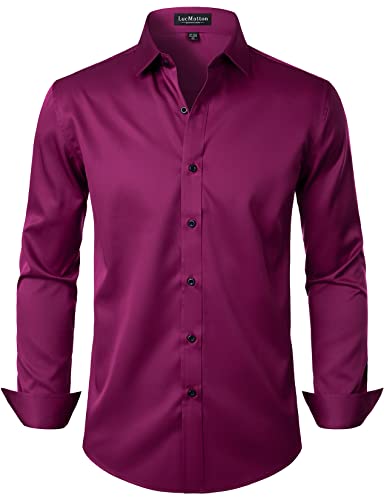 LucMatton Herren Kleid Hemd Formal Stretch Faltenfrei Langarm Slim Fit Button Down Shirts für Hochzeit Party, Fuchsia, Klein von LucMatton