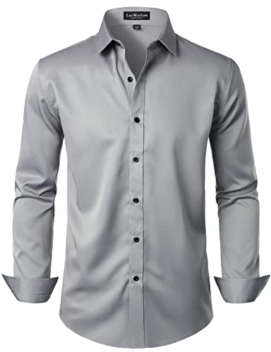 LucMatton Herren Kleid Hemd Formal Stretch Faltenfrei Langarm Slim Fit Button Down Shirts für Hochzeit Party, Grau, Klein von LucMatton