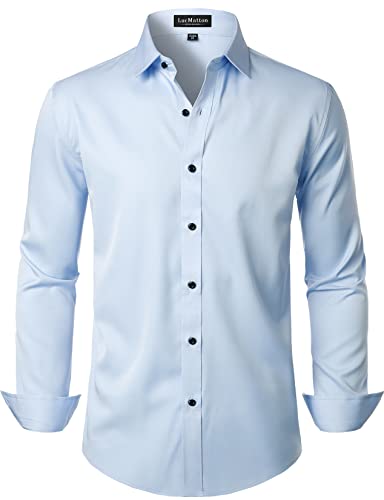LucMatton Herren Kleid Hemd Formal Stretch Faltenfrei Langarm Slim Fit Button Down Shirts für Hochzeit Party, Hell, blau, XL von LucMatton