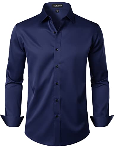 LucMatton Herren Kleid Hemd Formal Stretch Faltenfrei Langarm Slim Fit Button Down Shirts für Hochzeit Party, Marineblau, L von LucMatton