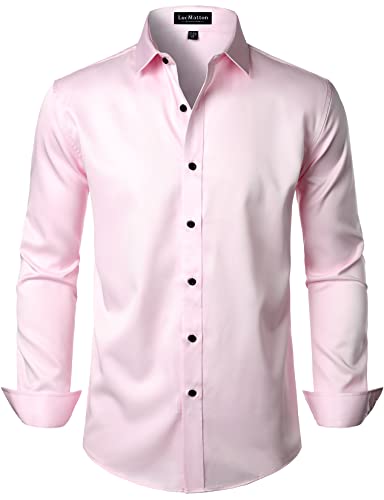 LucMatton Herren Kleid Hemd Formal Stretch Faltenfrei Langarm Slim Fit Button Down Shirts für Hochzeit Party, Pink, L von LucMatton