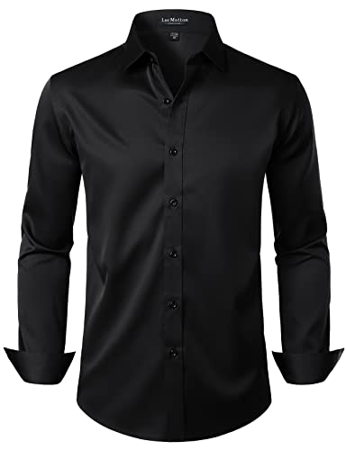 LucMatton Herren Kleid Hemd Formal Stretch Faltenfrei Langarm Slim Fit Button Down Shirts für Hochzeit Party, Schwarz, Klein von LucMatton