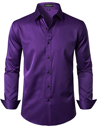 LucMatton Herren Kleid Hemd Formal Stretch Faltenfrei Langarm Slim Fit Button Down Shirts für Hochzeit Party, Violett, XX-Large von LucMatton