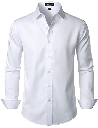 LucMatton Herren Kleid Hemd Formal Stretch Faltenfrei Langarm Slim Fit Button Down Shirts für Hochzeit Party, Weiß, einfarbig, Klein von LucMatton