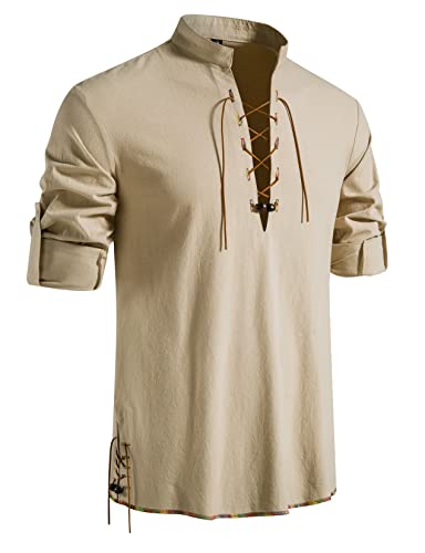 LucMatton Herren Retro Schnürung Mittelalter Kostüm Shirts für Halloween Cosplay Wikinger Pirat Steampunk Vampir Renaissance Gothic Viktorianische Kleidung Khaki Klein von LucMatton