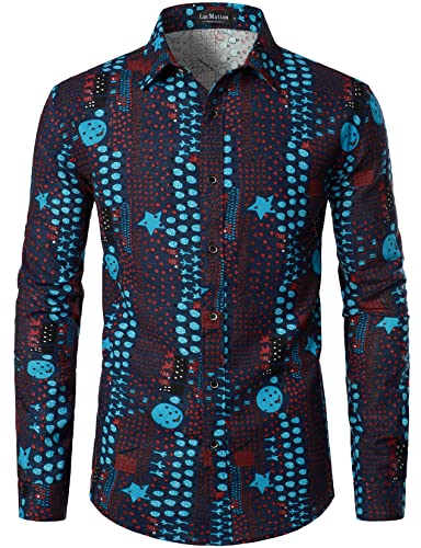 LucMatton Herrenhemd aus Leinen, mit stilvollen, afrikanischen, traditionellen Druckmustern, Langarmhemd mit Knopfleiste, marineblau, L von LucMatton