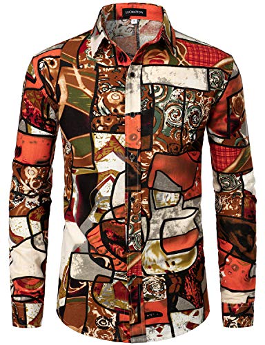 LucMatton Herrenhemd aus Leinen, mit stilvollen, afrikanischen, traditionellen Druckmustern, Langarmhemd mit Knopfleiste, Orange, 3XL von LucMatton