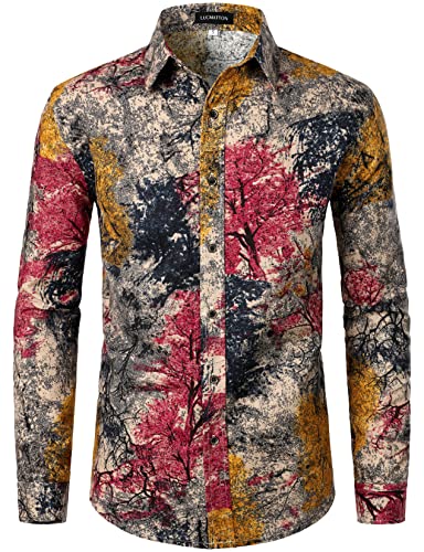 LucMatton Herrenhemd aus Leinen, mit stilvollen, afrikanischen, traditionellen Druckmustern, Langarmhemd mit Knopfleiste, rot, gelb, XXL von LucMatton