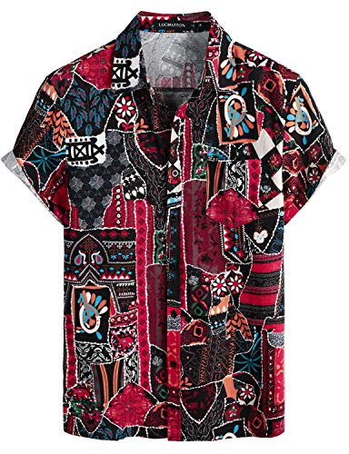 LucMatton Herren Leinen Traditionelle Muster Print Kurzarm Button Down Hawaiihemden, rot, XXL von LucMatton