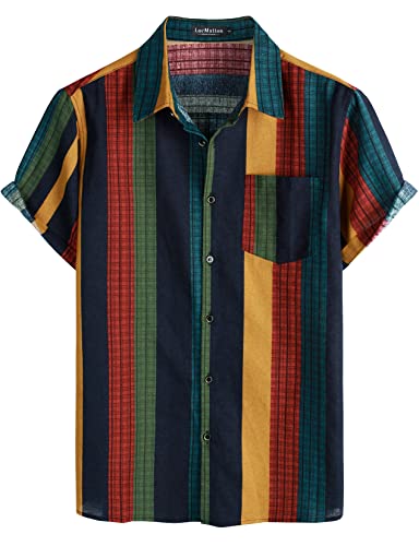 LucMatton Herren Leinen Traditionelles Muster Druck Kurzarm Button Down Hawaiihemden, Mehrfarbig gestreift, L von LucMatton