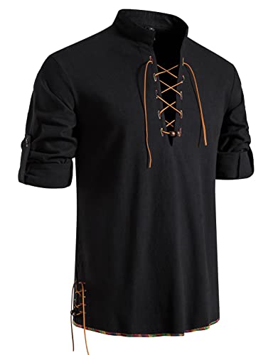 LucMatton Herren Retro Schnürung Mittelalter Kostüm Shirts für Halloween Cosplay Wikinger Pirat Steampunk Vampir Renaissance Gothic Viktorianische Kleidung Schwarz Groß von LucMatton