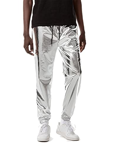 LucMatton Herren Jogginghose Metallic Glänzend Disco Party Elastische Hose, silber, 34-37 von LucMatton