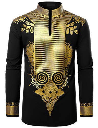 LucMatton Herrenhemd, afrikanisches Dashiki-Kleidung, luxuriöses Metallic-Gold, bedruckt mit Mandarinenkragen - Schwarz - Groß von LucMatton