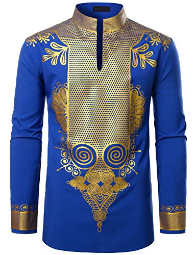 LucMatton Herrenhemd, afrikanisches Dashiki-Kleidung, luxuriöses Metallic-Gold, bedruckt mit Mandarinenkragen - mehrfarbig - Mittel von LucMatton