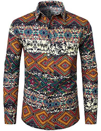 LucMatton Herrenhemd aus Leinen, mit stilvollen, afrikanischen, traditionellen Druckmustern, Langarmhemd mit Knopfleiste, Orange, Weiß, 3XL von LucMatton