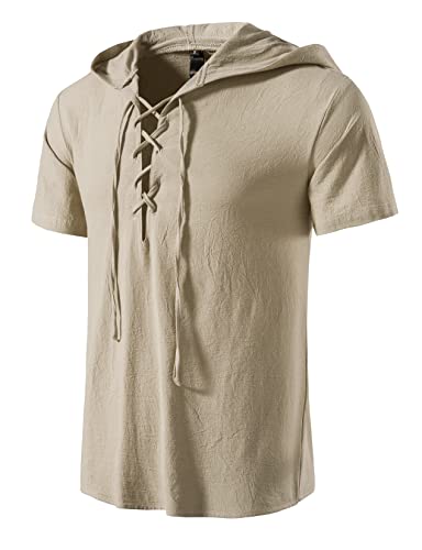 LucMatton Herrenhemden aus Baumwolle, traditioneller Retro-Stil, zum Schnüren, kurzärmelig, für Mittelalter, Wikinger, Hippie-Matching, Khaki-a, L von LucMatton