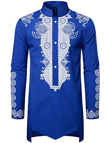 LucMatton Traditionelles afrikanisches Herrenhemd, langärmelig, Dashiki, glänzendes Metallic-Muster, bedrucktes Partyhemd, Royal White, Large von LucMatton