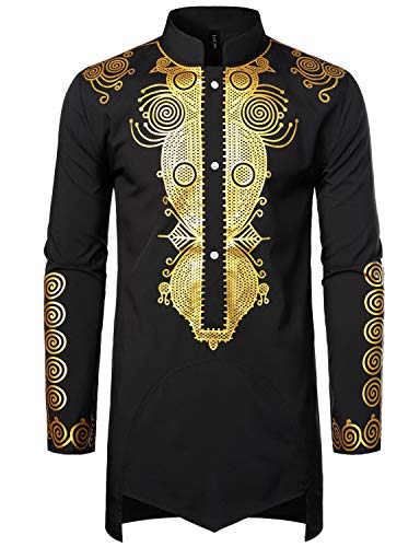 LucMatton Traditionelles afrikanisches Langarm-Dashiki-Hemd für Herren, glänzendes Metallic-Muster - Schwarz - Mittel von LucMatton