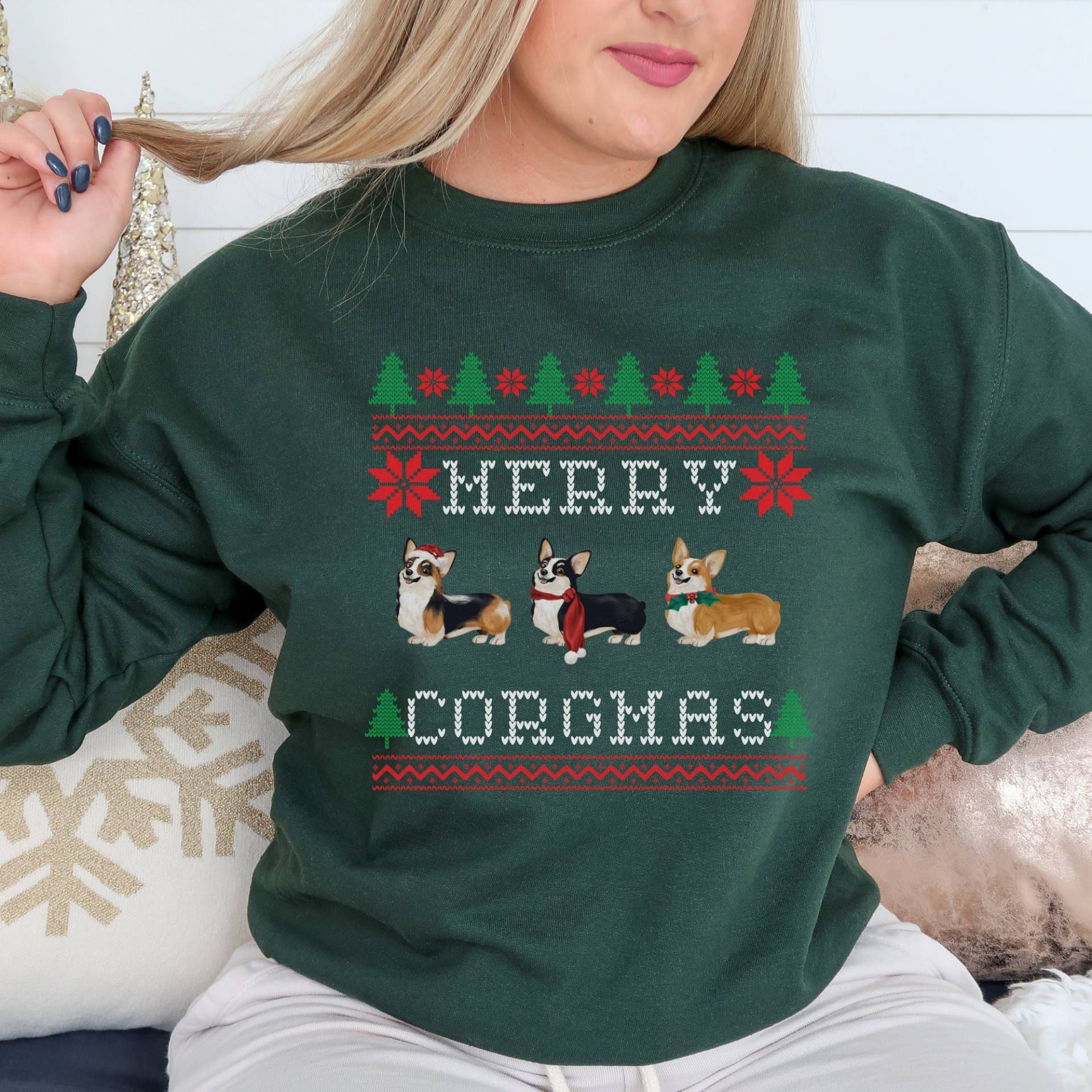 Frohe Corgis Pullover Weihnachten Hund Mama Sweatshirt Strickjacke Benutzerdefinierte Hässliche Tri Color von LucaBooCo