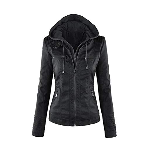 LucaSng Damen Lederjacke Kapuzen Kunstleder Jacke mit Reißverschluss Bikerjacke Motorradjacke Kapuzenjacke Übergangsjacke Ladies Oberbekleidung (Schwarz, M) von LucaSng