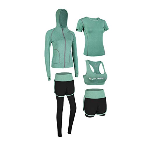 LucaSng Damen Trainingsanzug-Sets Sportanzug-Set Schnelltrocknend Laufen Joggen Fitness Workout Laufbekleidung 5er-Set Damen Yoga-Bekleidung Sportbekleidung-Sets (Grün 5 Stück, S) von LucaSng