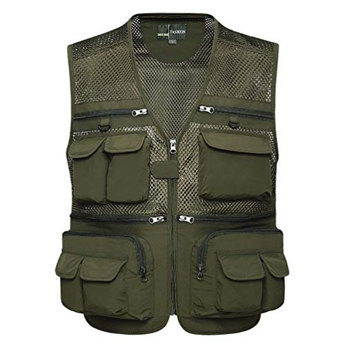 LucaSng Herren Multi-Taschened Netzweste Freizeit Jacken Fischerjacke Outdoor-Aktivitäten Taktisch Anglerweste Jagd und Angler Camping Fotografie Leicht Atmungsaktiv Weste (Armeegrün, XL) von LucaSng