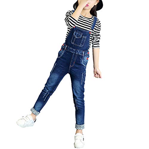 LucaSng Mädchen Overall Kinder Jeans Latzhose Freizeit Denim Hosen Jumpsuit Lang Overall Jeans Strampler Mit Hosenträger Jeanshose One Piece Jumpsuit (Blau, 160) von LucaSng
