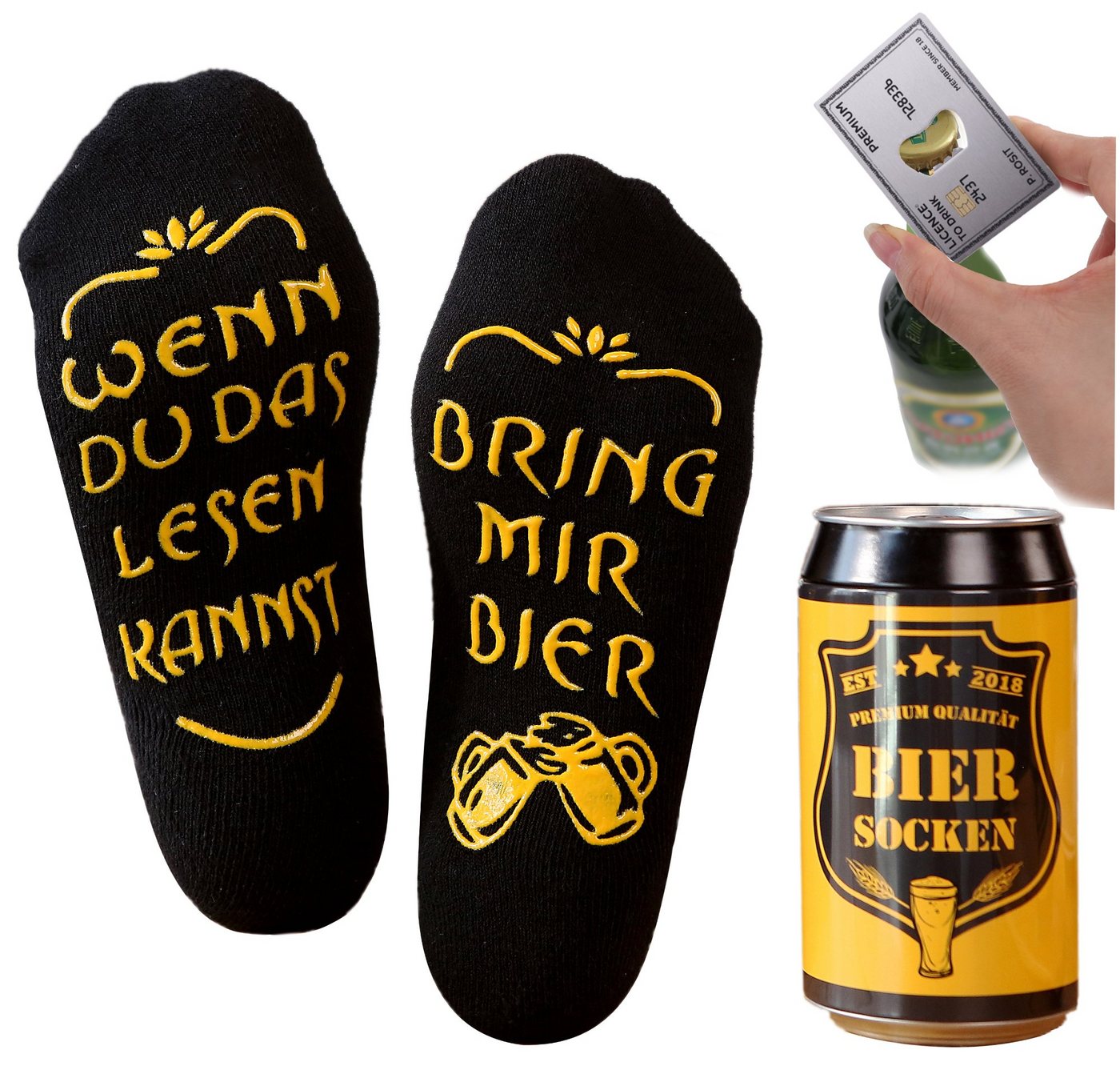 Lucadeau Freizeitsocken mit Spruch und Edelstahl Flaschenöffner, bring mir Bier Socken, (1 Paar) rutschfest, Gr. 38-44, Geschenke für Männer, Geburtstagsgeschenk von Lucadeau