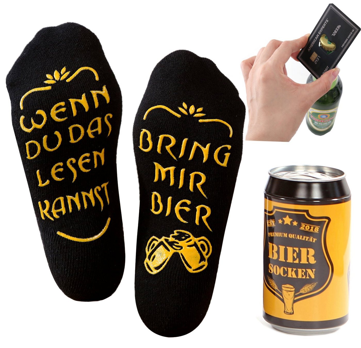 Lucadeau Freizeitsocken Bier Socken mit Spruch und Edelstahl Flaschenöffner, bring mir Bier (Dose, 1 Paar) rutschfest, Gr. 38-44, Geschenke für Männer, Geburtstagsgeschenk von Lucadeau