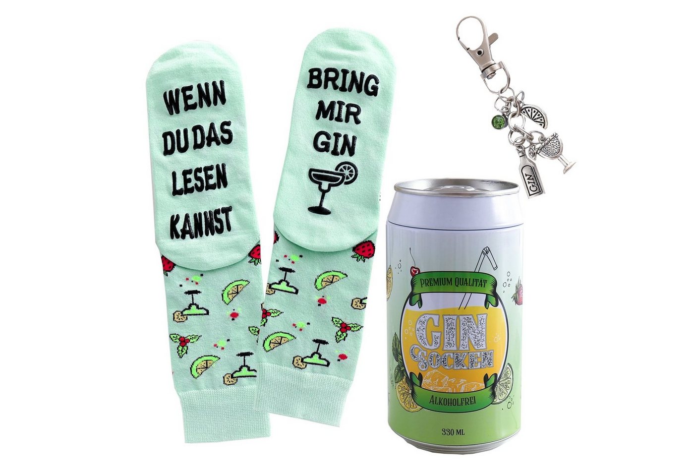 Lucadeau Freizeitsocken Gin-Socken mit Schlüsselanhänger in einer Design-Dose, mit Spruch (1 Paar) rutschfest, Gr. 39-45, Geschenke für Frauen und Männer von Lucadeau