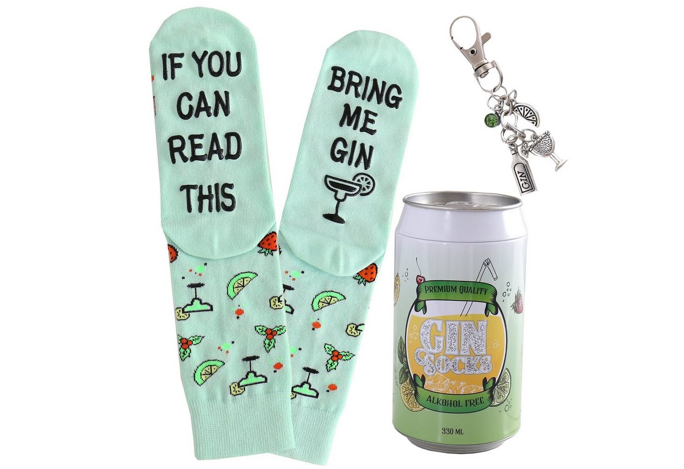 Lucadeau Freizeitsocken Gin-Socken mit Schlüsselanhänger in einer Design-Dose, mit Spruch (1 Paar) rutschfest, Gr. 39-45, Geschenke für Frauen und Männer von Lucadeau