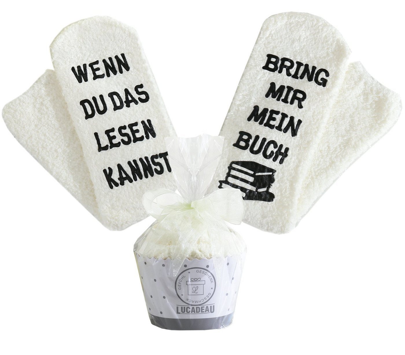 Lucadeau Kuschelsocken Geschenke für Frauen, Wenn du das lesen kannst, bring mir Buch, (Cupcake Verpackung, Gr. 37-43) rutschfest, Socken mit Spruch, Geschenk zum Geburtstag von Lucadeau