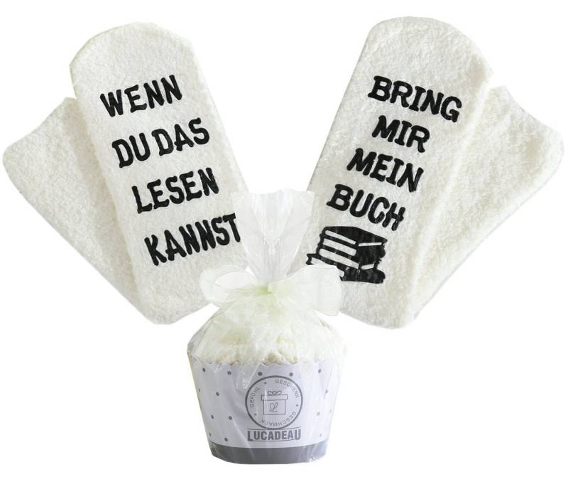 Lucadeau Kuschelsocken Weihnachtsgeschenk, Geschenke für Buch-Liebhaber, bring mir Buch (Cupcake Verpackung, Gr. 37-43) rutschfest, Socken mit Spruch, Geschenk zum Geburtstag, Muttertag von Lucadeau