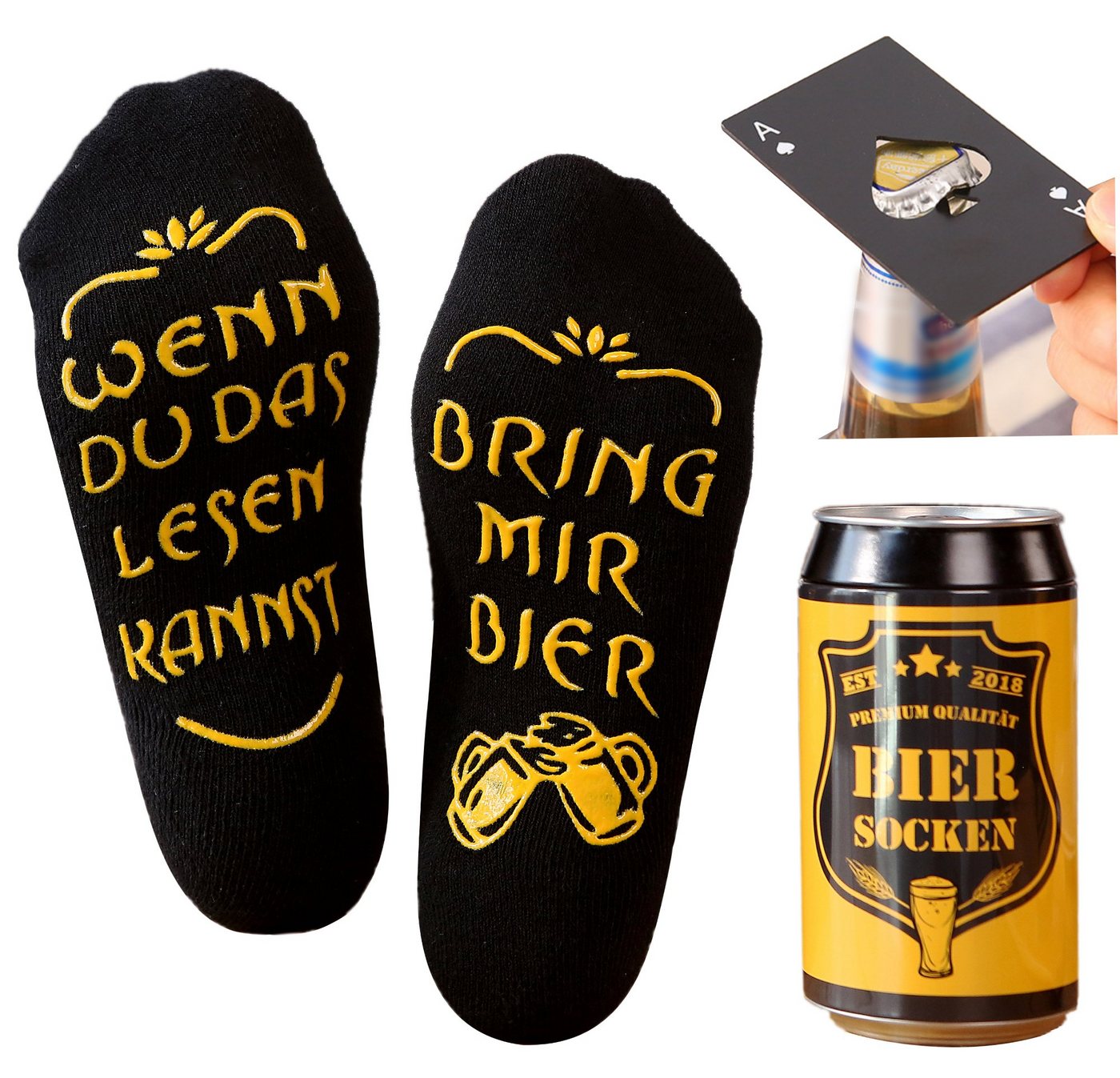 Lucadeau Socken Bier Socken mit Spruch und Edelstahl Flaschenöffner, bring mir Bier (Dose, 1 Paar) rutschfest, Gr. 38-44, Geschenke für Männer, Geburtstagsgeschenk von Lucadeau