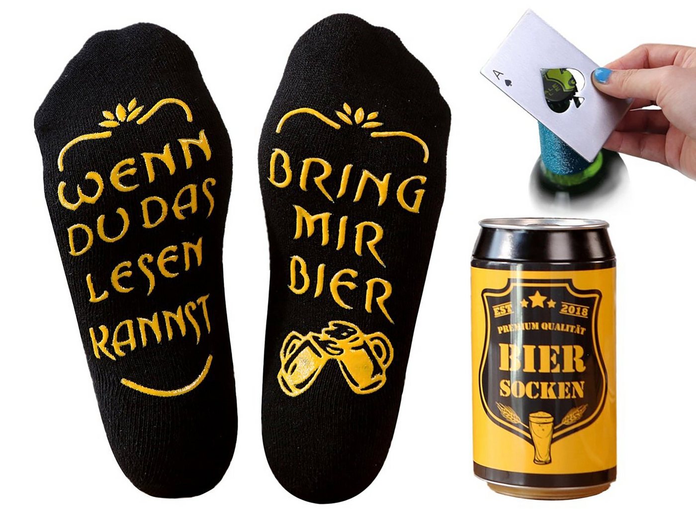 Lucadeau Socken Bier Socken mit Spruch und Edelstahl Flaschenöffner, bring mir Bier (Dose, 1 Paar) rutschfest, Gr. 38-44, Geschenke für Männer, Geburtstagsgeschenk von Lucadeau