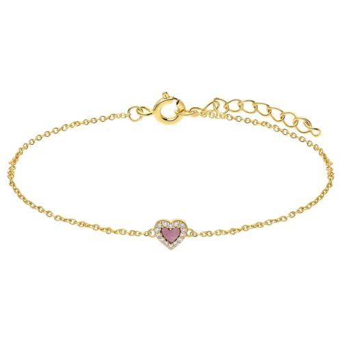 Lucardi - Damen Armband vergoldet versilbert mit einem Edelstein aus Rhodonit in Herzform - Armbänder - Silber 925 - Gold - 19 cm - Nickelfrei, 1, Silberfarben, Edelstein von Lucardi