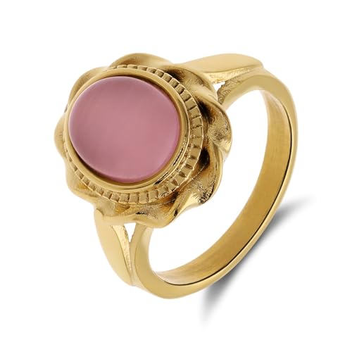 Lucardi - Damen Vergoldeter Vintage-Edelstahlring mit rosafarbenem Stein in Blütenform - Ring - Stahl - Gelbgold legiert - 16/50 mm - Nickelfrei von Lucardi