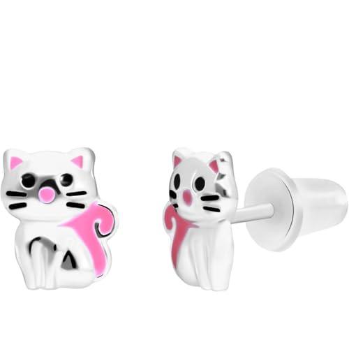 Lucardi - Kinder Silberne Ohrstecker Katze Emaille rosé - Ohrringe - 925 Silber - Silberfarbig - Nickelfrei von Lucardi