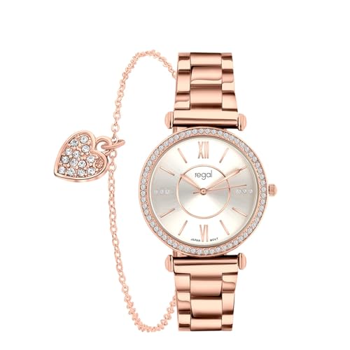 Lucardi Regal - Armbanduhr geschenkset mit Armband - Damen Uhr - Regen und Spritzfest - Analog - Mit Stahlband - Rose von Lucardi