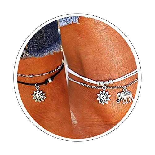 LucBuy 2 STÜCKE Mehrschichtige Charme Fußkette Boho Armband Layered Fußkettchen, Handgemachte Strand Fußkette Schmuck Elefant Sonnenblume Perlen für Frauen Mädchen von Lucbuy